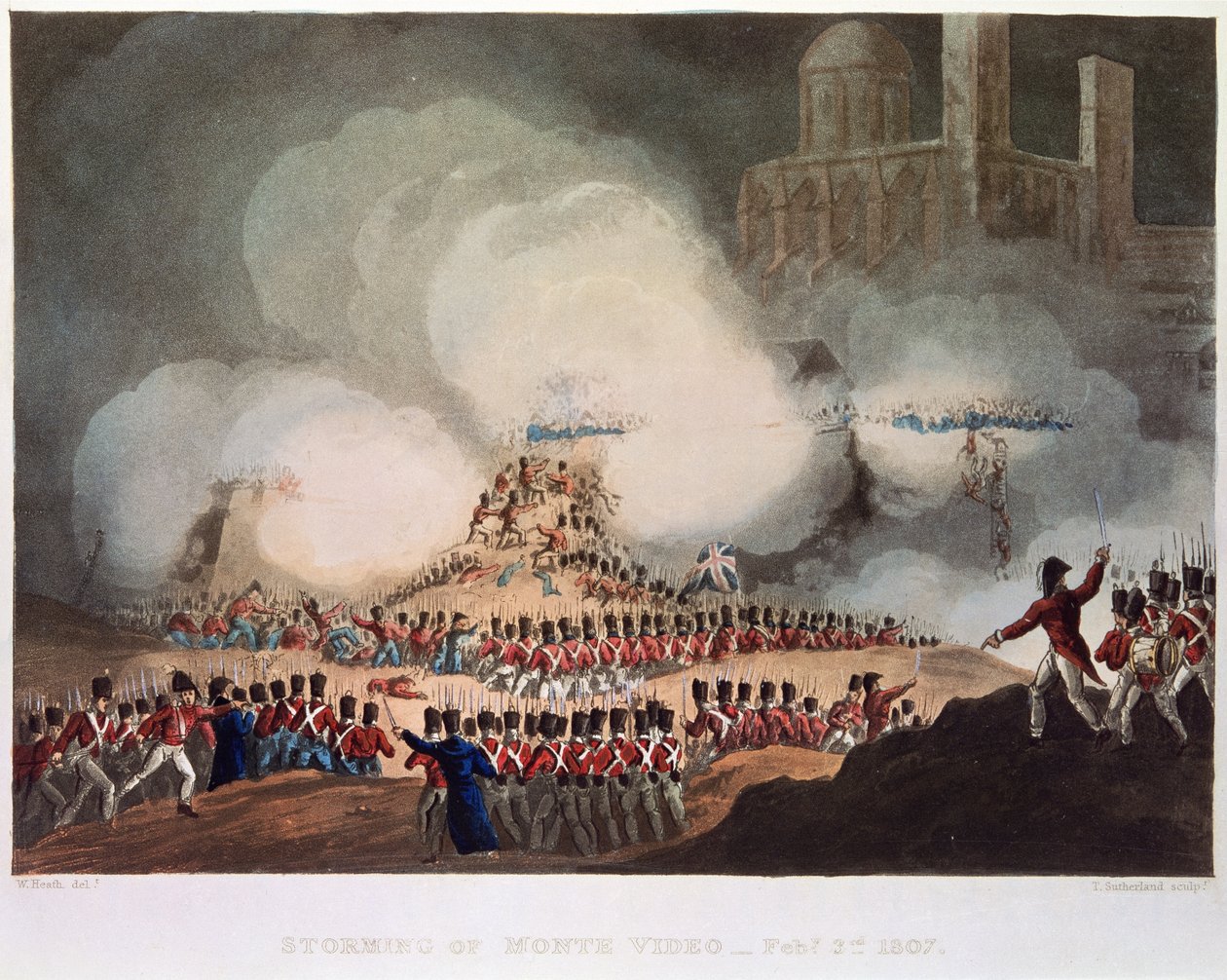 Storming of Monte Video, 3. februar 1807, gravert av Thomas Sutherland (f.c.1785) av William after Heath