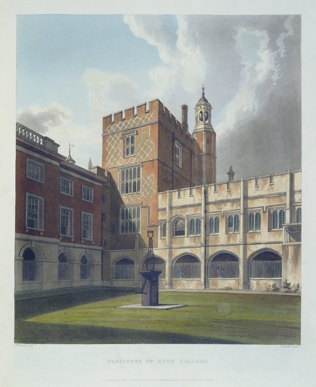 Cloisters of Eton College, fra History of Eton College, en del av History of the Colleges, gravert av J. Bluck (fl.1791-1831) pub. av R. Ackermann, 1816 (akvatint) av William after Westall