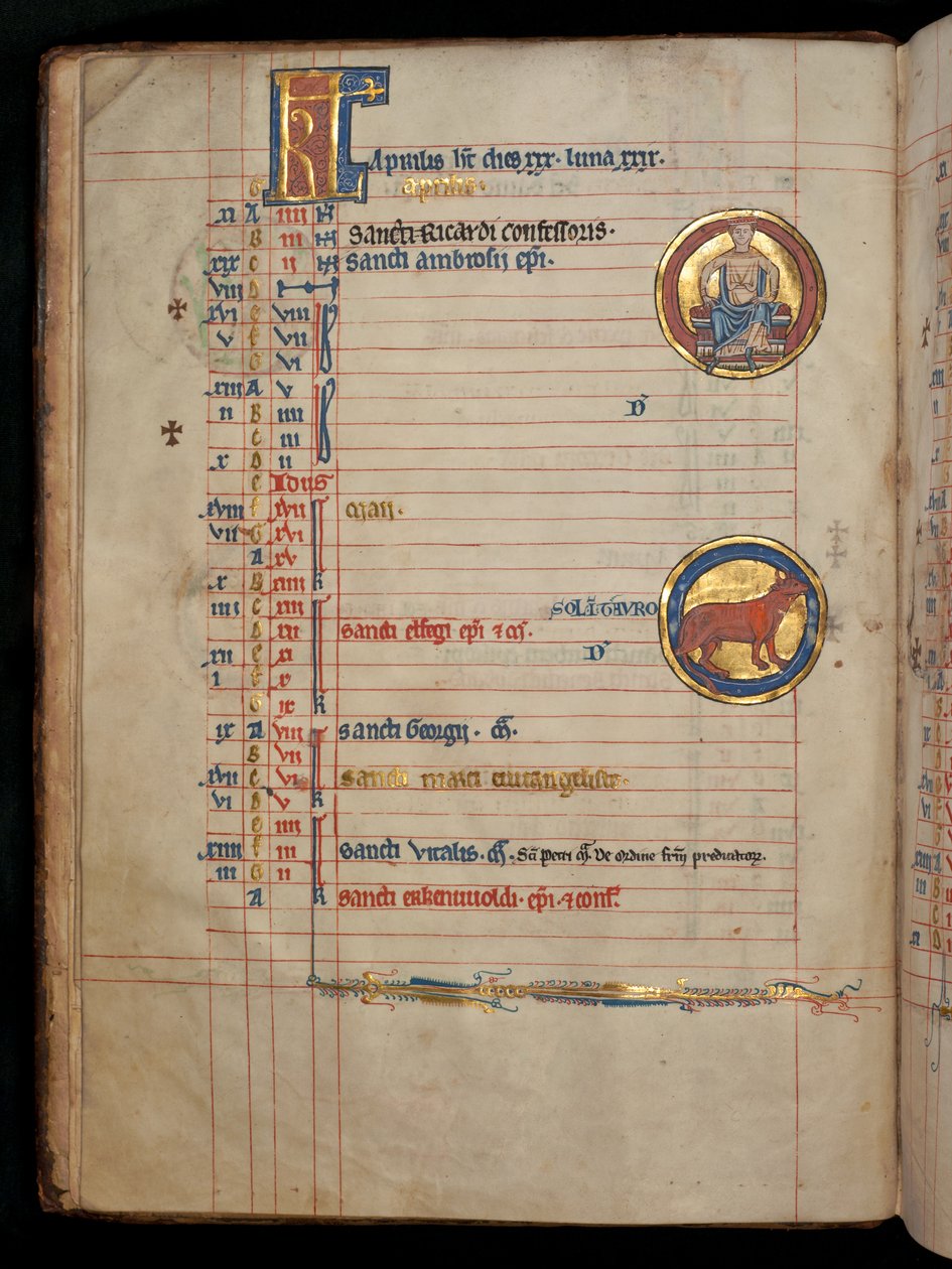 Ms 322 f.2v, April, en sittende mann som holder to blomster, illustrasjon fra 'De Brailes Psalter', ca. 1250 av William de Brailes  