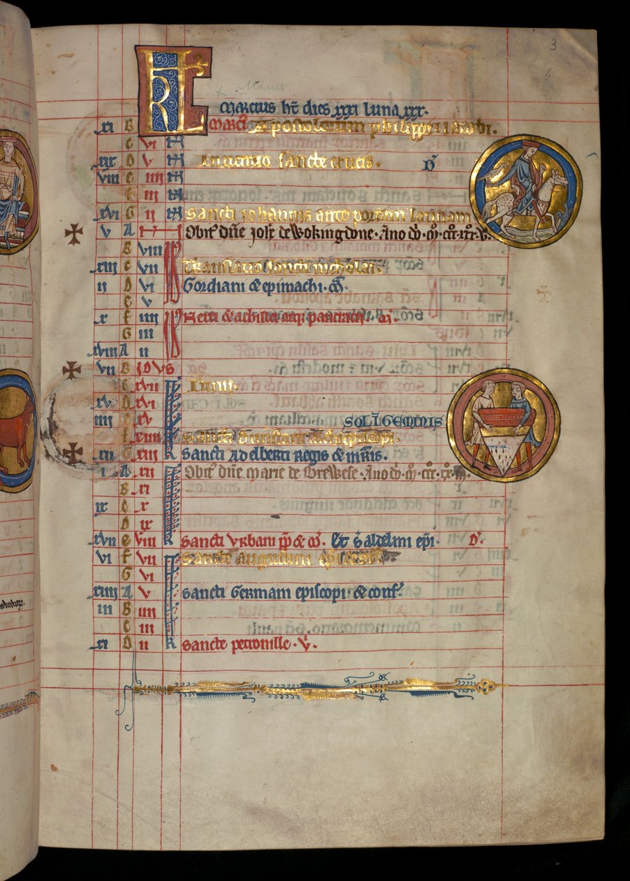 Ms 322 f.3r, May, en mann som falkerer, illustrasjon fra 'De Brailes Psalter', ca. 1250 av William de Brailes  