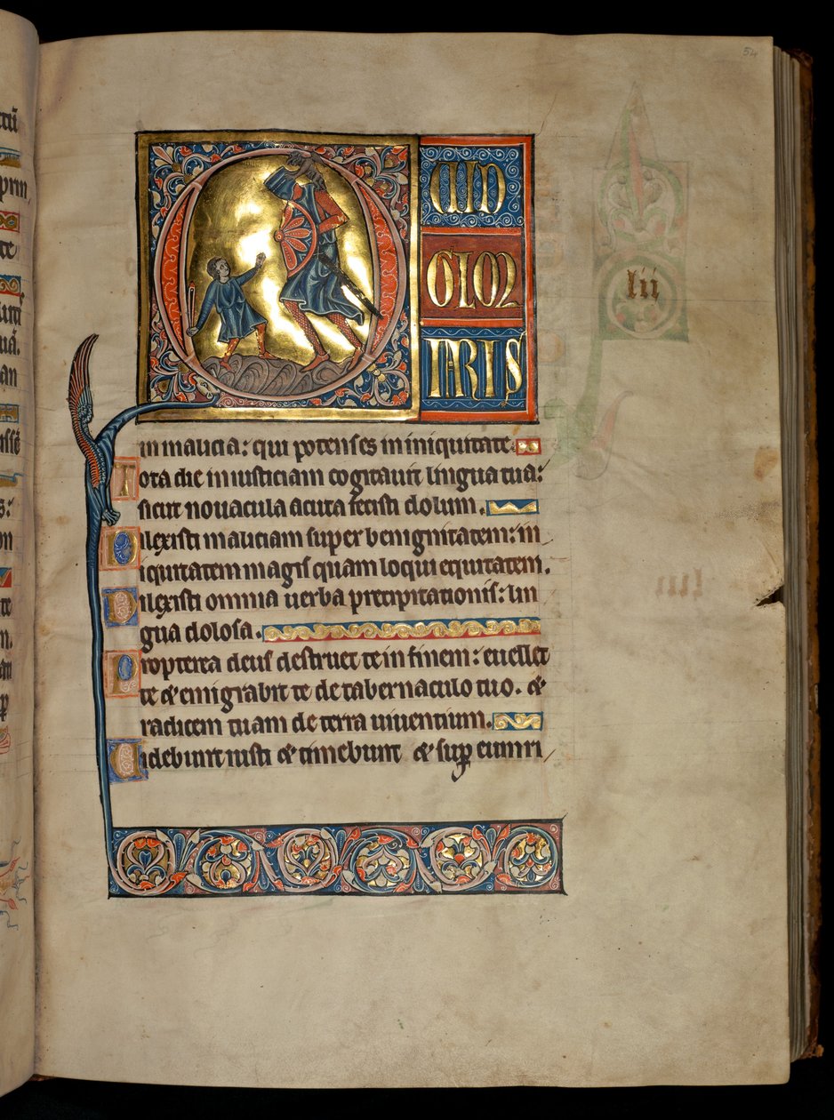 Ms 322 f.54r, Salme 51, initial Q, David og Goliat, illustrasjon fra 