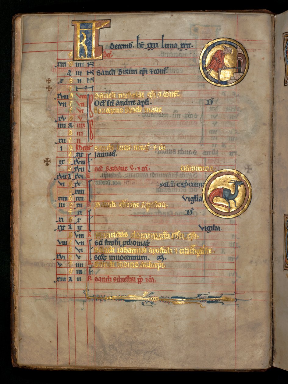 Ms 322 f.6v, desember, en mann som plasserer brød i en ovn, illustrasjon fra 