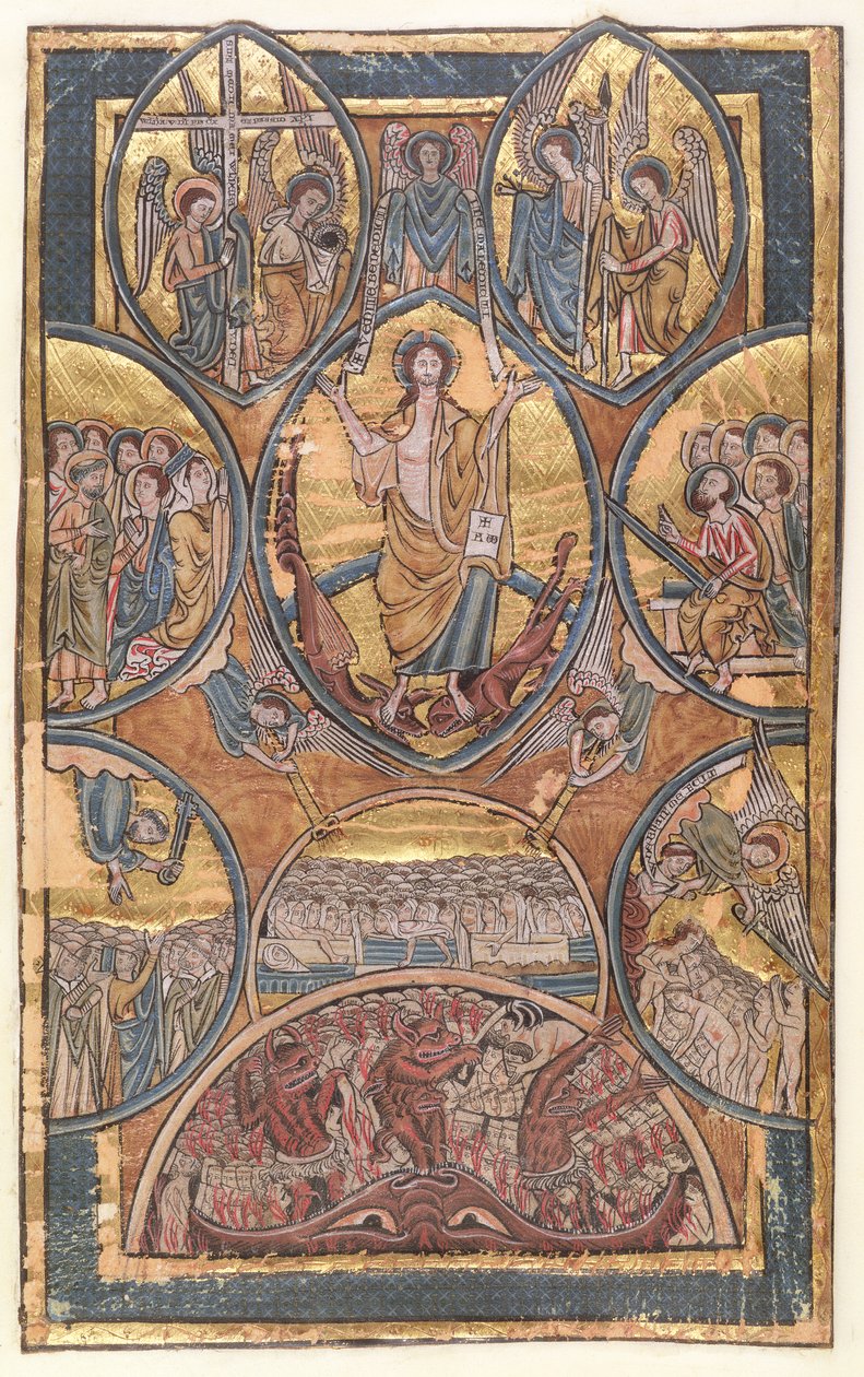 Ms 330 f.3 The Last Judgment med selvportrett av illuminatoren reddet av sin skytsengel, fra en psalter, ca. 1240 av William de Brailes  
