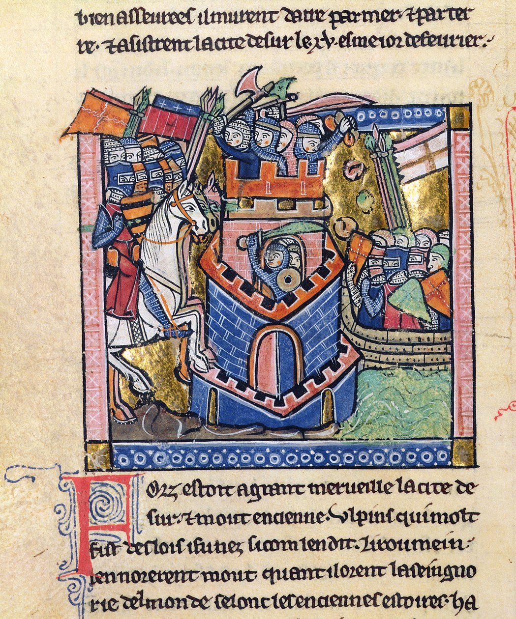 Fr 2630 f.111v Dekk blir blokkert av den venetianske flåten og beleiret av korsfarerridderskapet, fra Estoire d