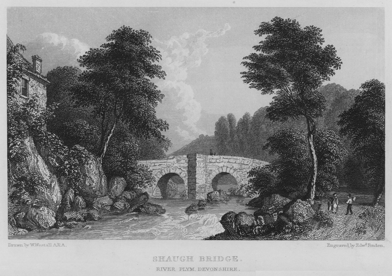 Shaugh Bridge, River Plym, Devonshire (gravering) av William (after) Westall