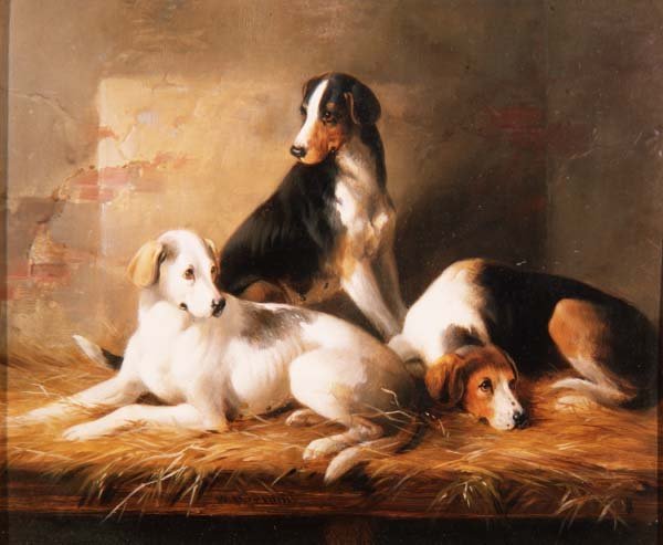 Tre hunder i en stall av William Barraud