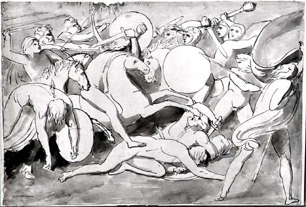 Kampscene (penn og blekk) (s/hvitt-bilde) av William Blake