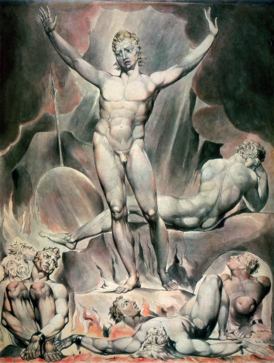 Satan vekker opprørsenglene, 1808 av William Blake