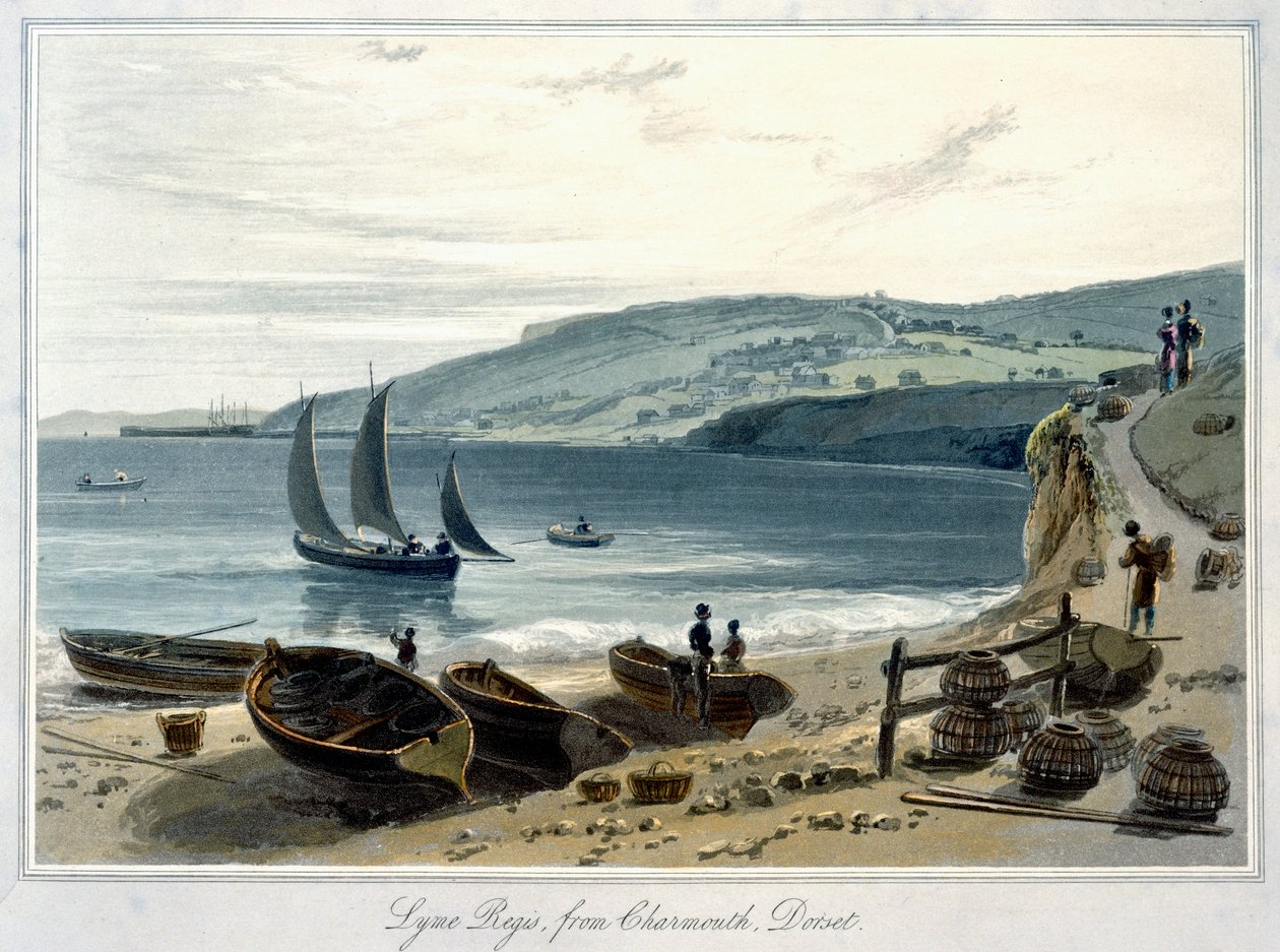 'Lyme Regis, fra Charmouth, Dorset', 1814-1825 av William Daniell