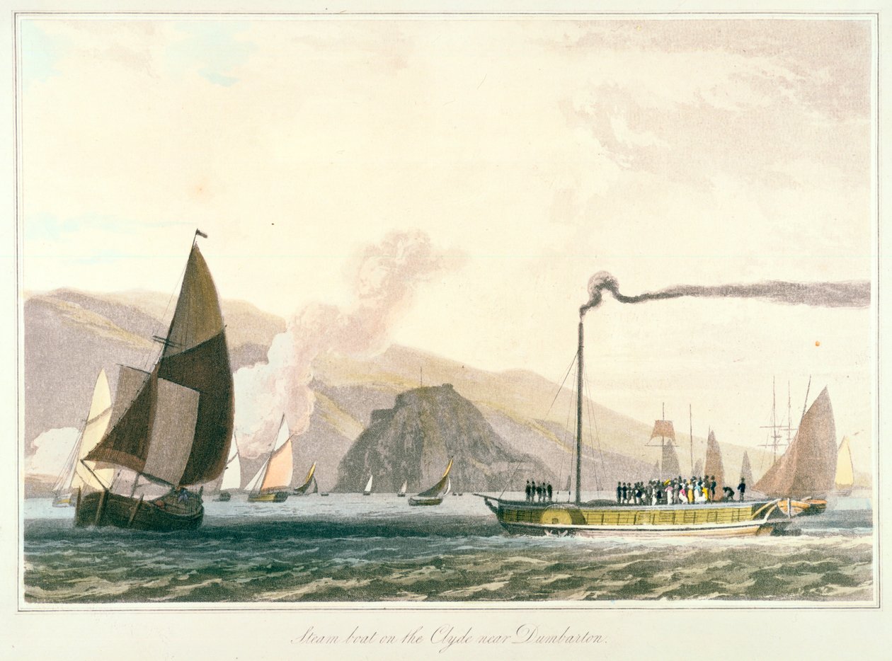 Dampbåt på Clyde nær Dumbarton, c1814 av William Daniell