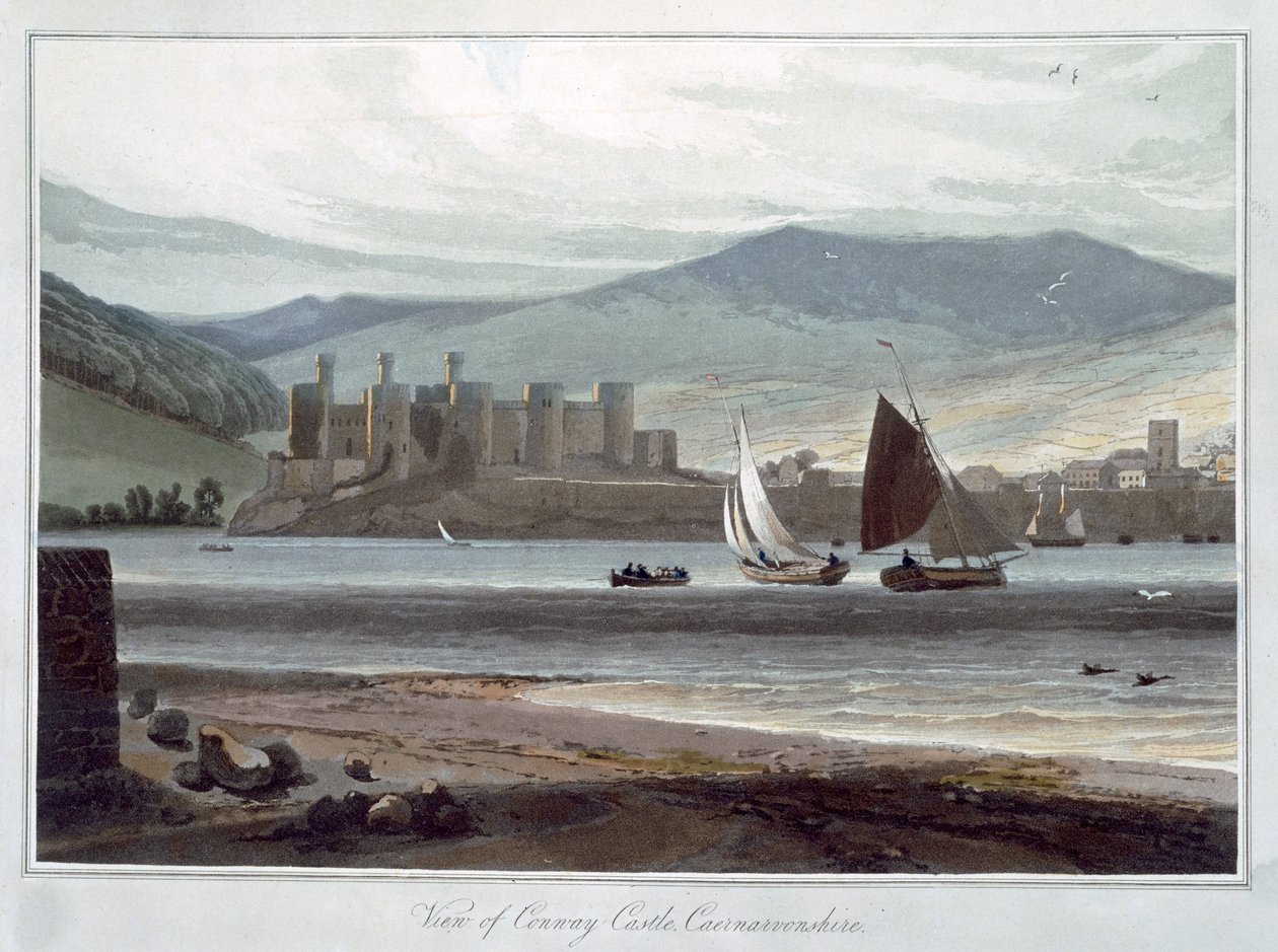 „Vedere asupra Castelului Conwy, Caernarvonshire”, Țara Galilor, 1814-1825 norvegiană av William Daniell