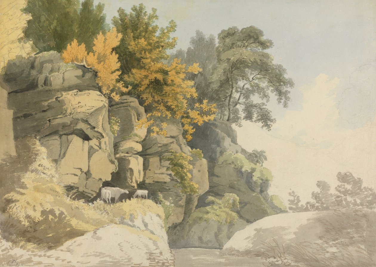 Skogkledde steiner ved en bekk (Derbyshire?) av William Day
