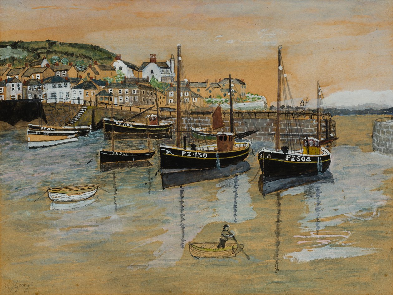 Mousehole Harbor (wc og gouache på papir) av William George