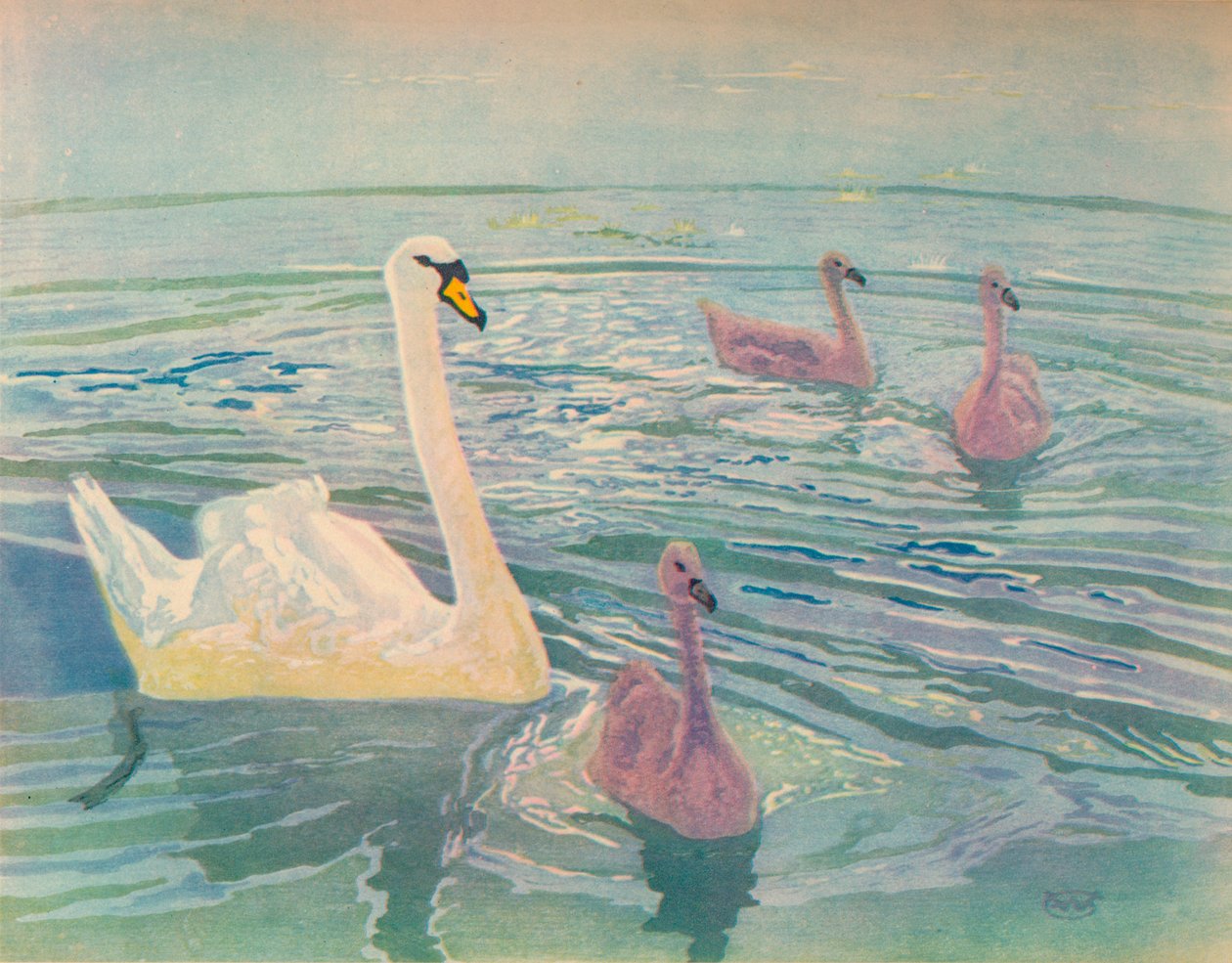 Swan and Cygnets, 1911, 1928 av William Giles