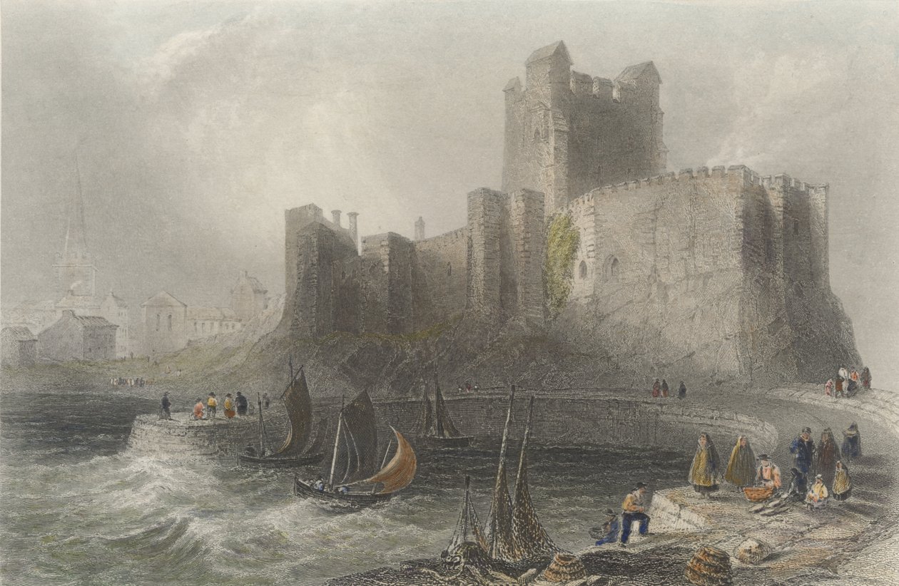 Utsikt over Carrickfergus Castle (fargegravering) av William Henry Bartlett