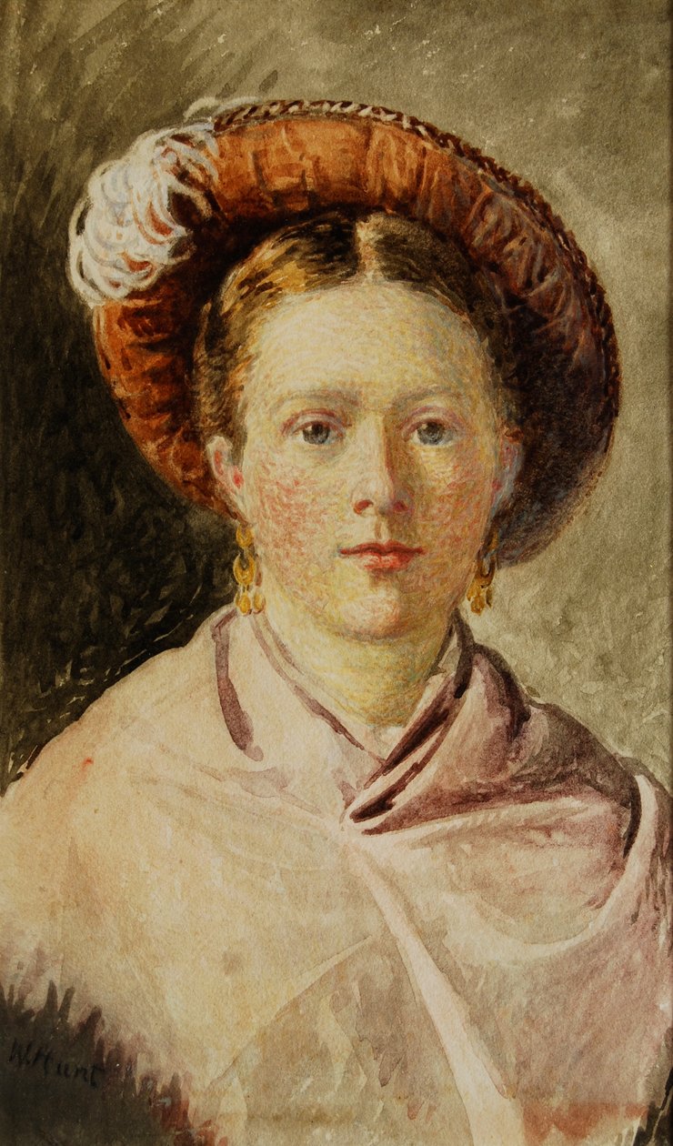 Dame i en fjærkledd hatt av William Henry Hunt