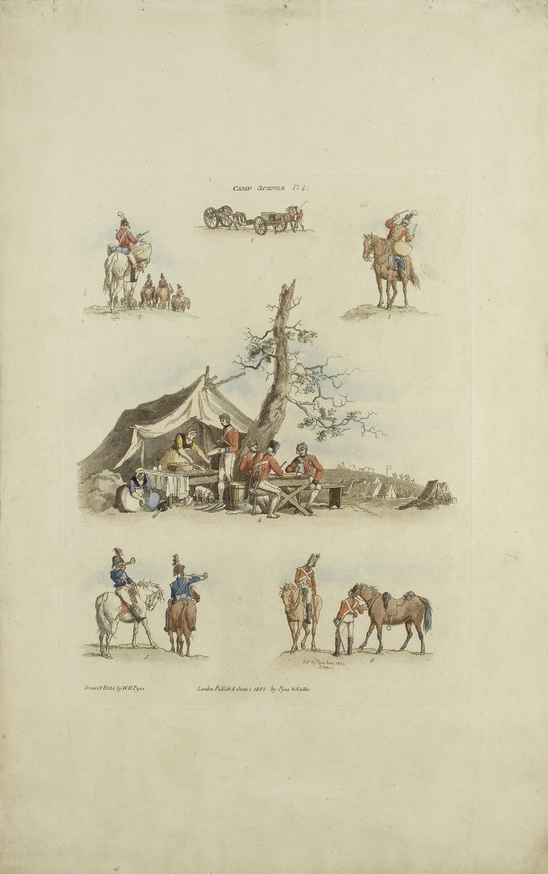 Camp Scenes, 1803 (farget etsning) av William Henry after Pyne