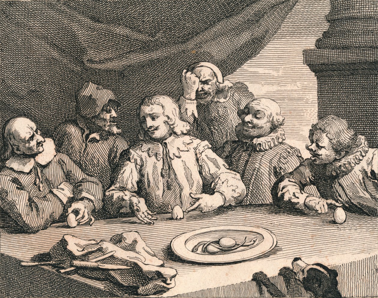 Christopher Columbus knekker egget, 1753. av William Hogarth