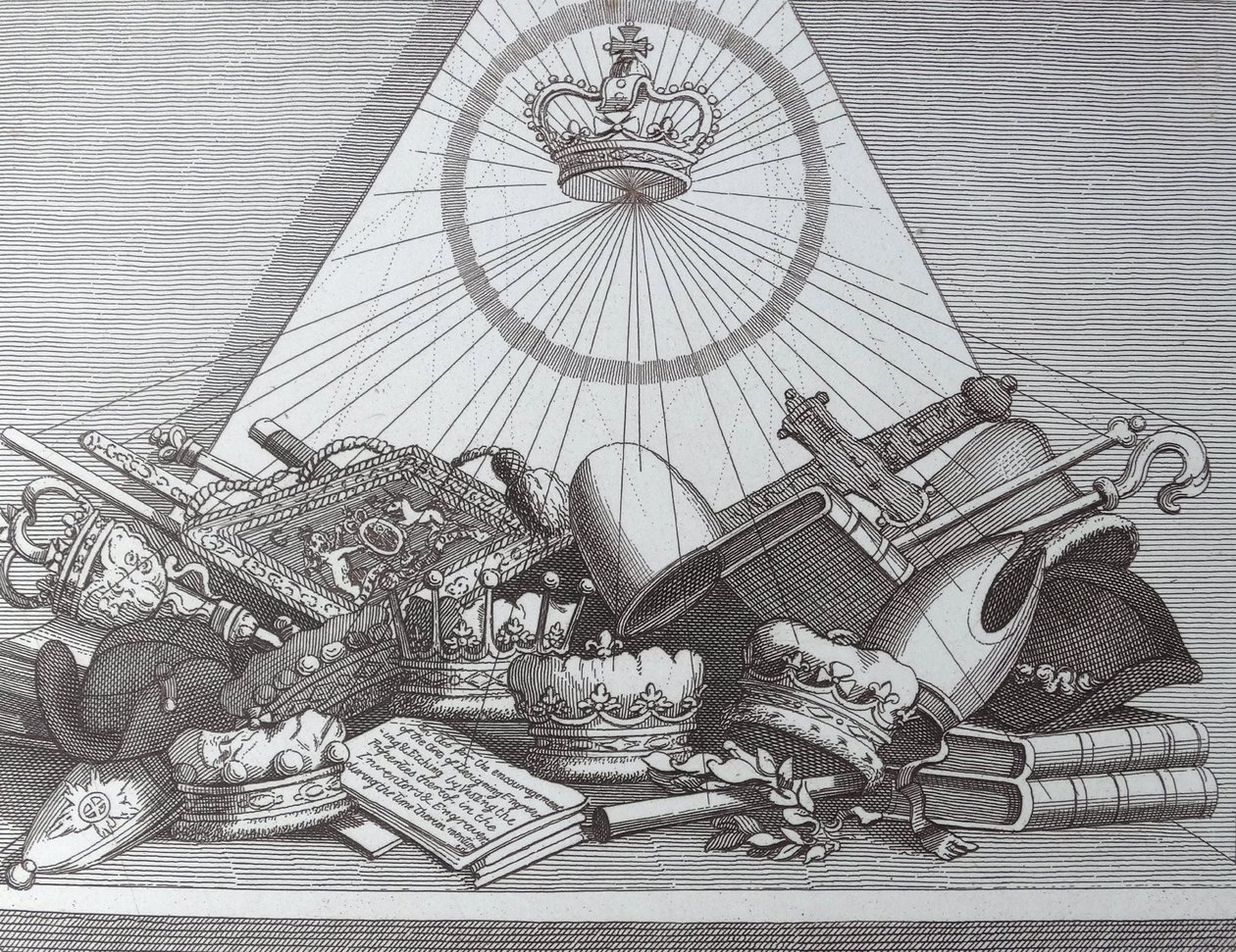 Krone, mitre, Maces, etc av William Hogarth