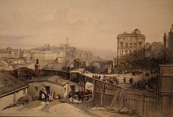 Edinburgh fra haugen (farge litho) av William Leighton Leitch