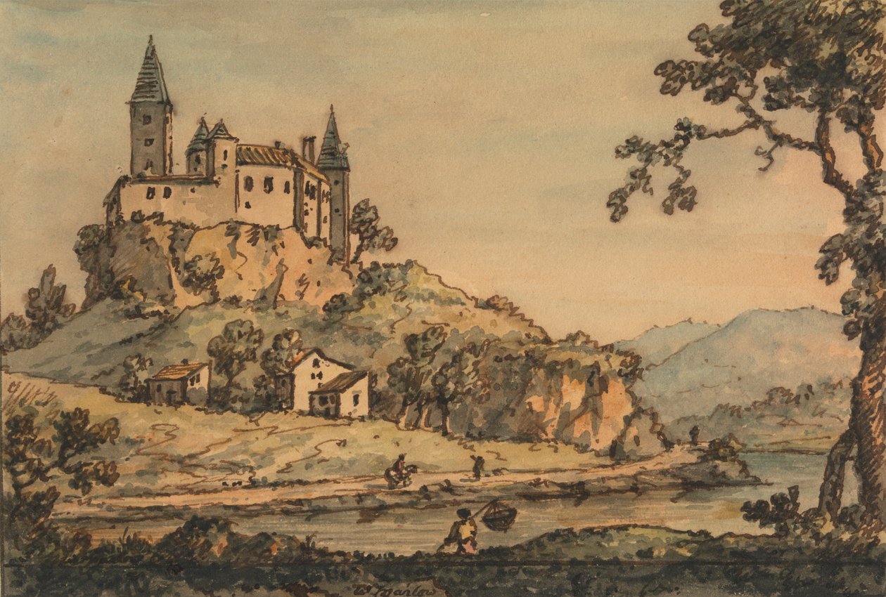 Slott med utsikt over en elv av William Marlow