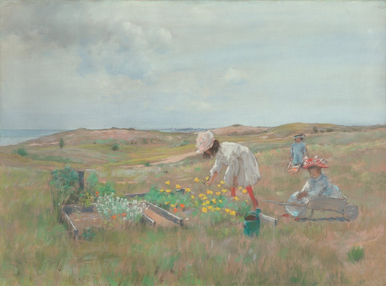 Samler blomster, Shinnecock, Long Island av William Merritt Chase