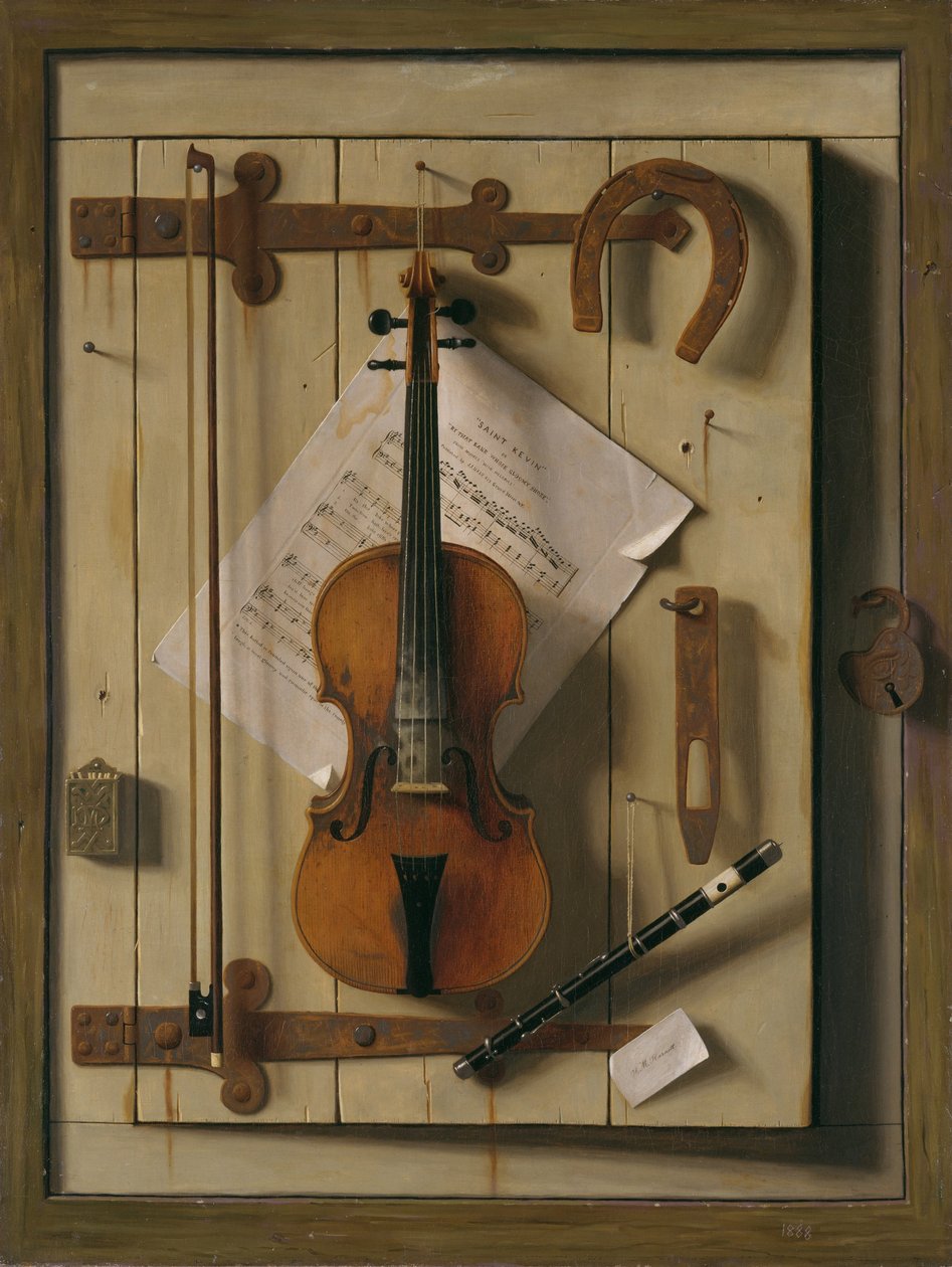 Stilleben, fiolin og musikk av William Michael Harnett