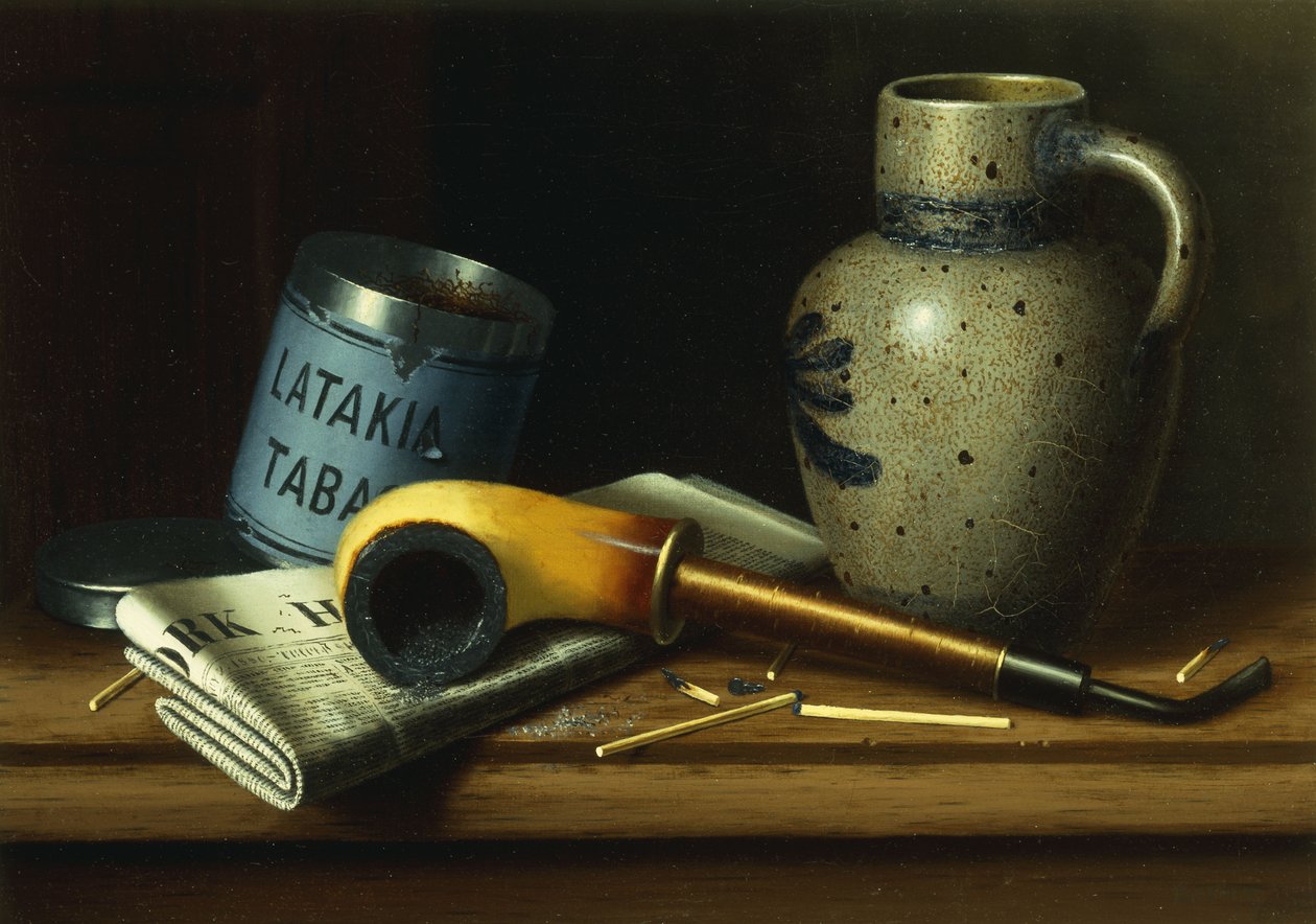 Stilleben med pipe og tobakk, av William Michael Harnett