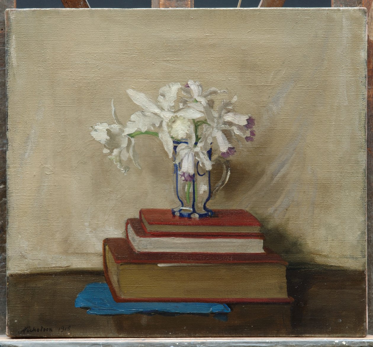 Hvite orkideer på bøker av William Nicholson