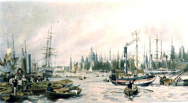 London Bridge fra bassenget (litho) av William Parrott