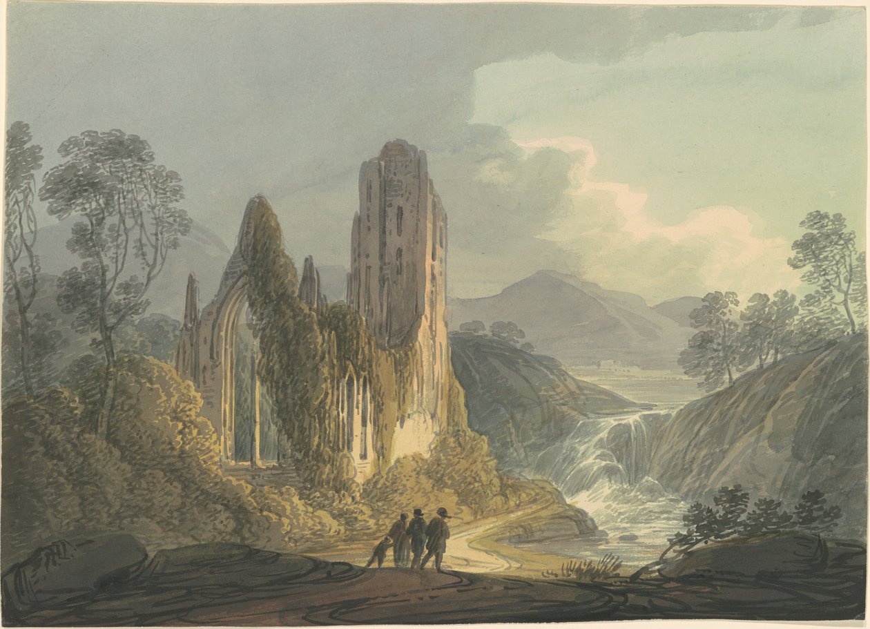 Et ødelagt kloster ved en foss av William Payne