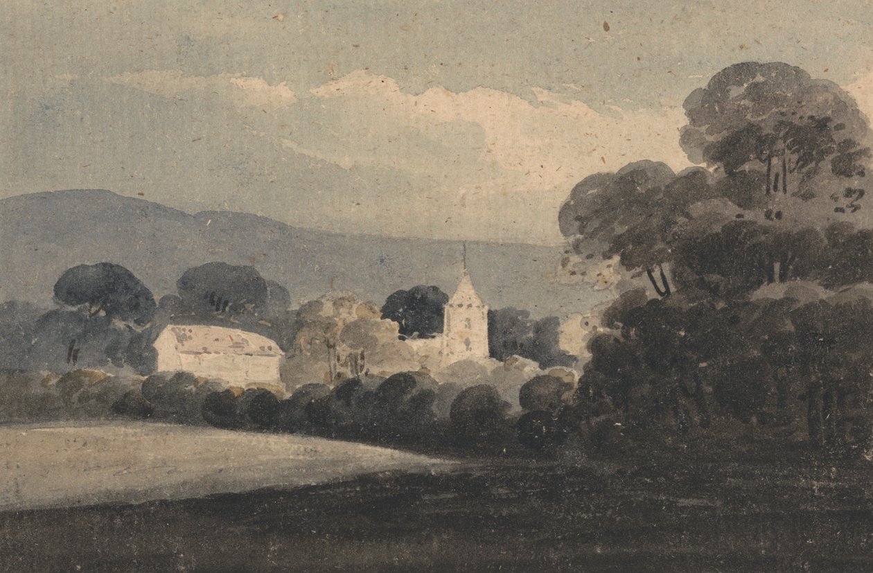 Landskap med en kirke blant trær av William Pearson