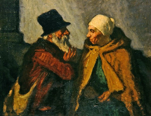 Gammelt par snakker (olje på panel) av William Strang