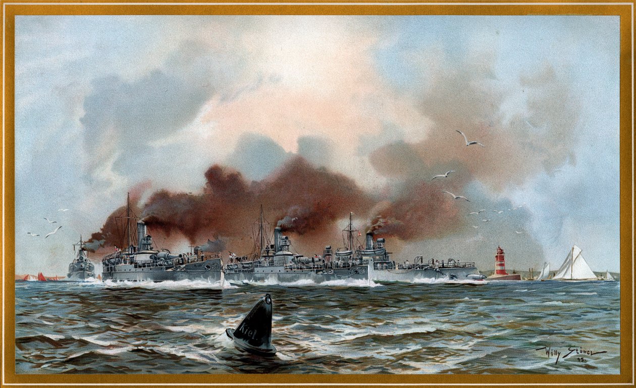 Imperial Navy Urminius og tankkanonbåter nær Friedrichsort av Willy Stöwer