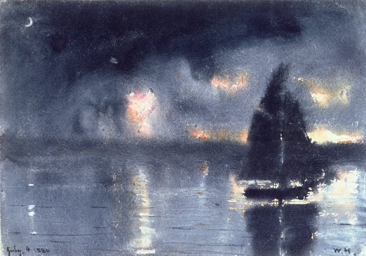 Seilbåt og fyrverkeri fra den fjerde juli, 1880 (wc på papir) av Winslow Homer