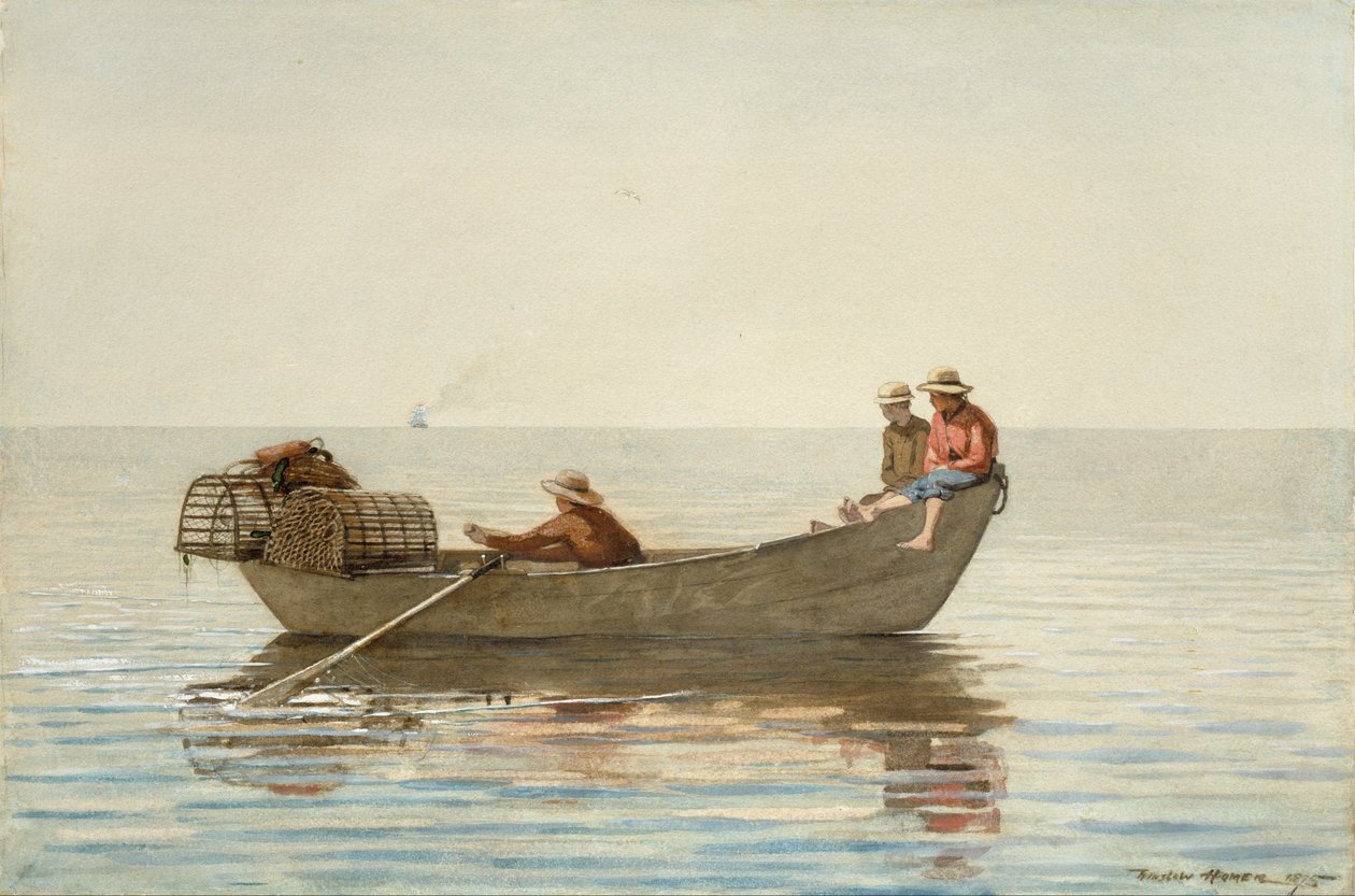 Three Boys in a Dory med Hummerpotter av Winslow Homer