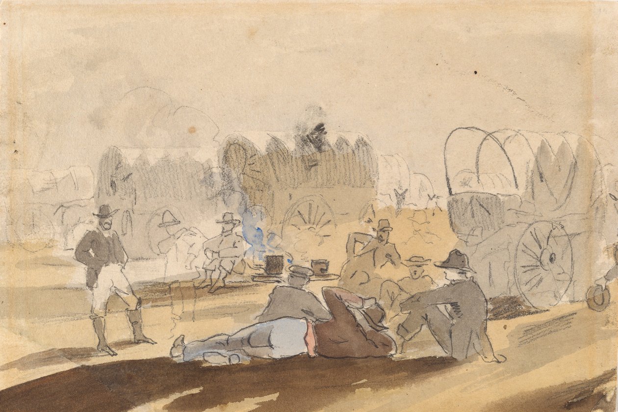 Campingvogn med overbygde vogner hviler [recto], 1861. av Winslow Homer