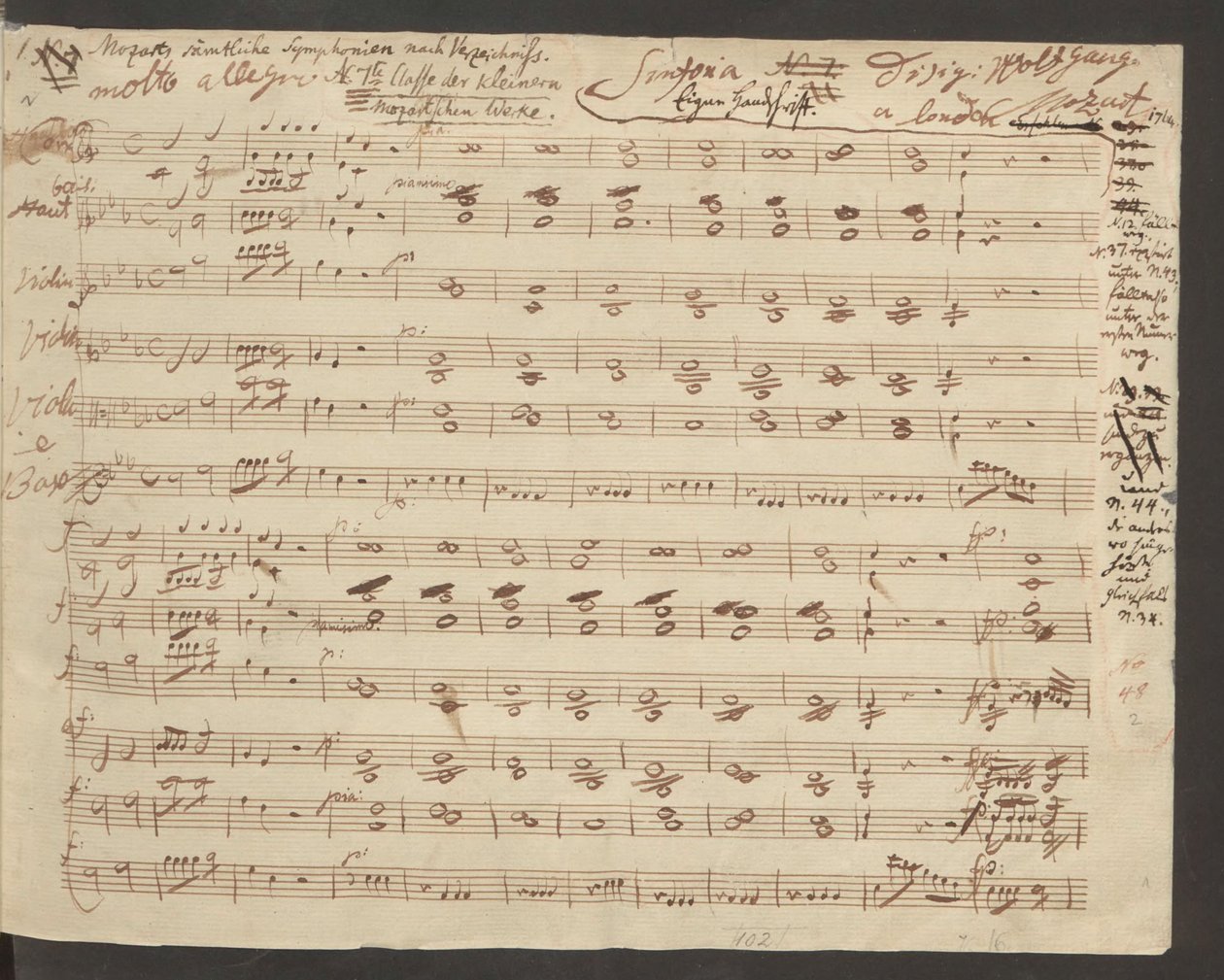 Åpningen av autografmanuskriptet til Mozarts symfoni nr.1 av Wolfgang Amadeus Mozart