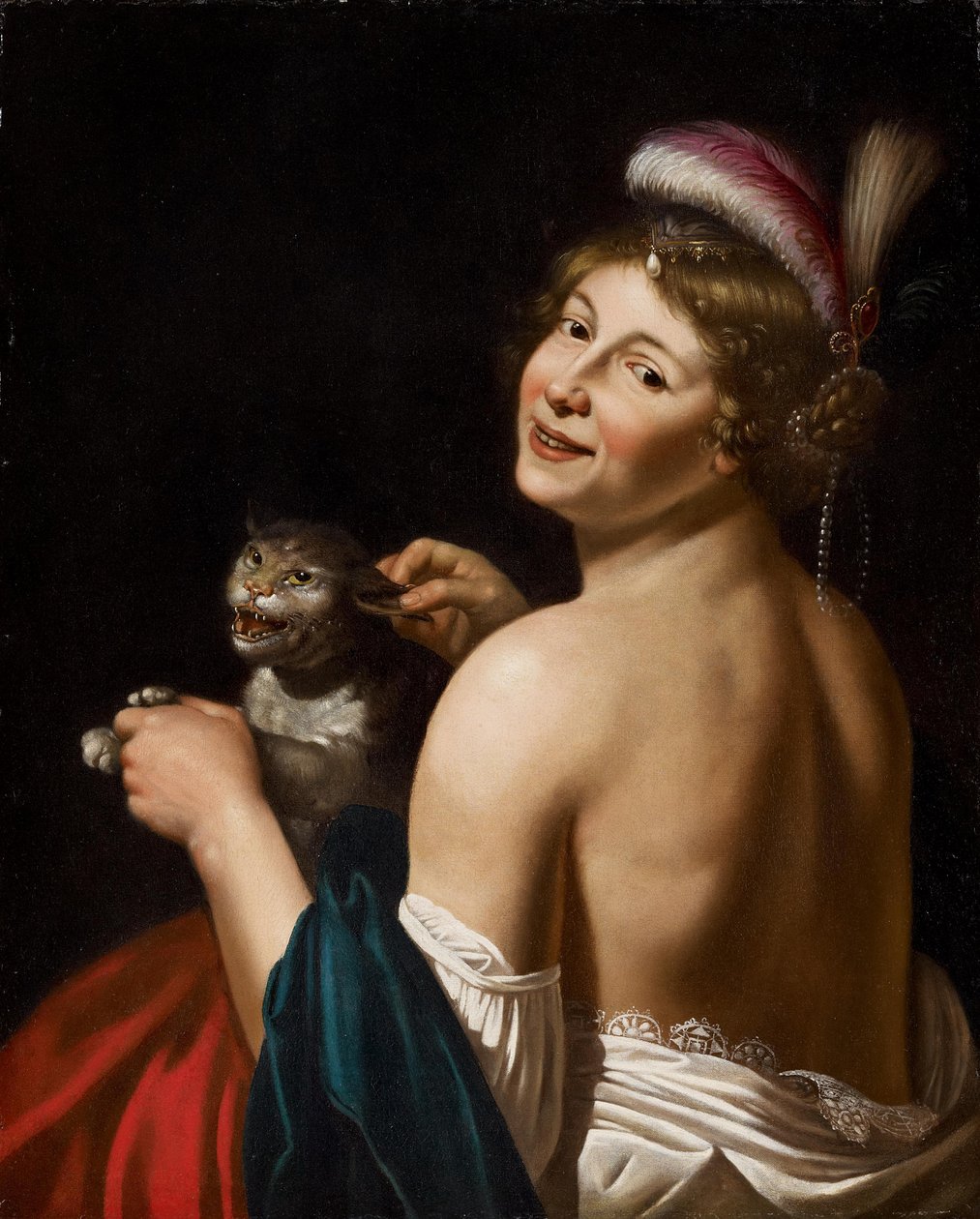 Trekker en kurtisan ved øret til en katt av Workshop of Jan van Bijlert