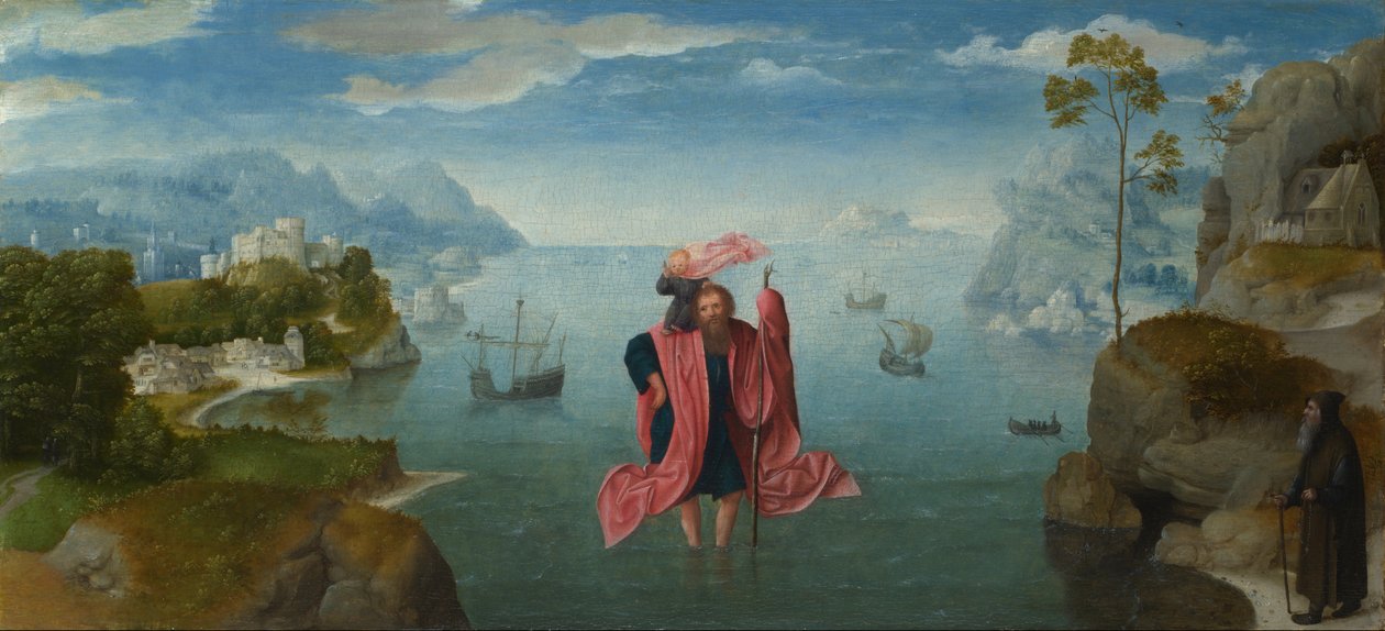 Den hellige Christopher bærer den spedbarns Kristus av Master of the Female Half Lengths