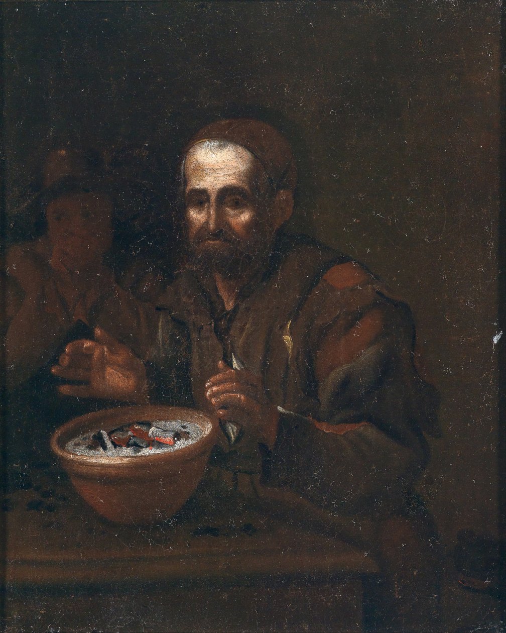En gammel mann som varmer seg ved en kullbrann av Workshop of Michiel Sweerts