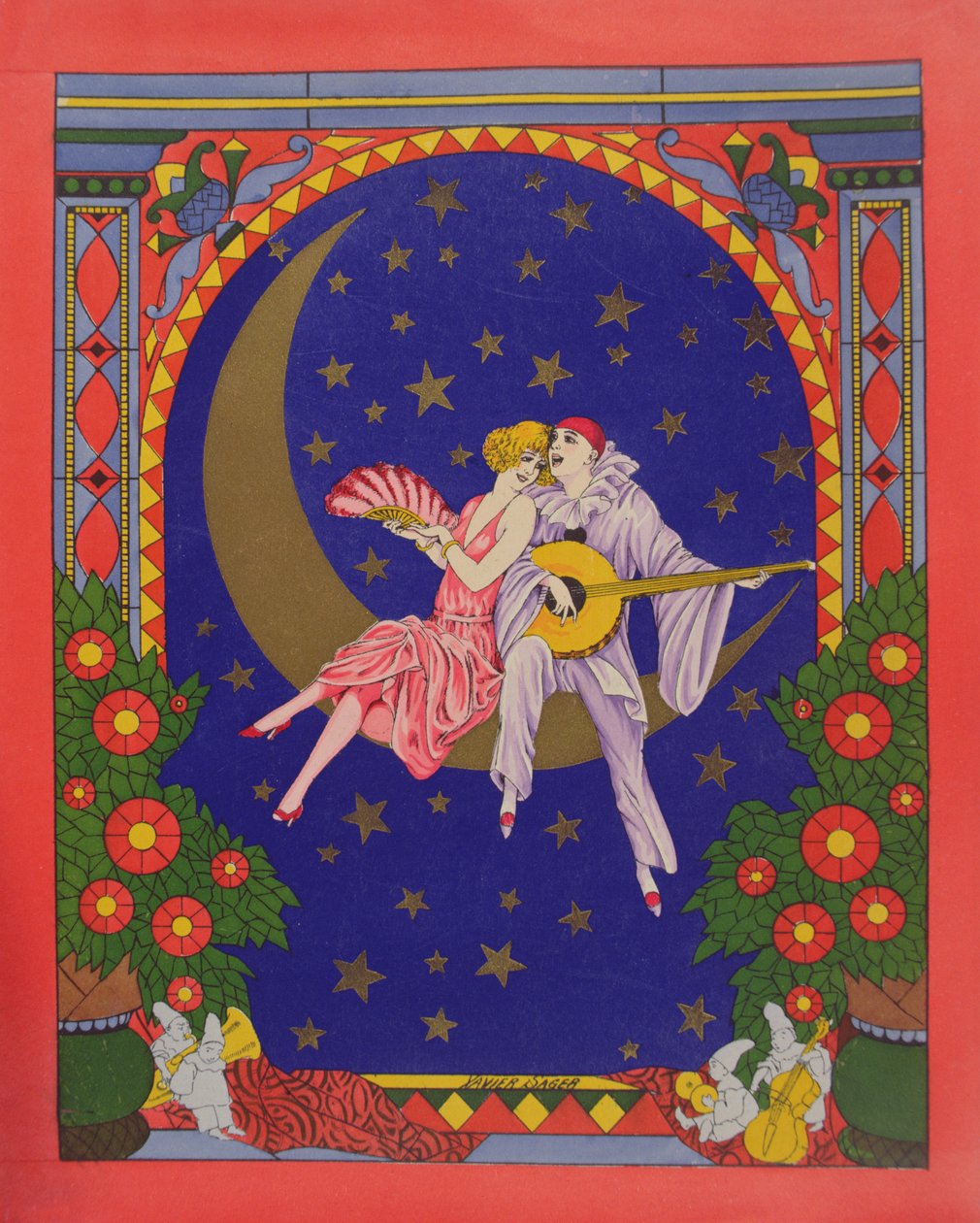 Pierrot og Columbine (chromolitho) av Xavier Sager