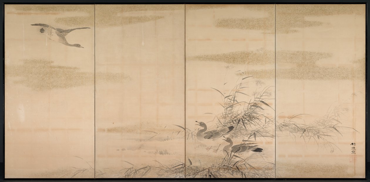 Gjess, siv og vann, 1800-tallet. av Yamamoto Baiitsu