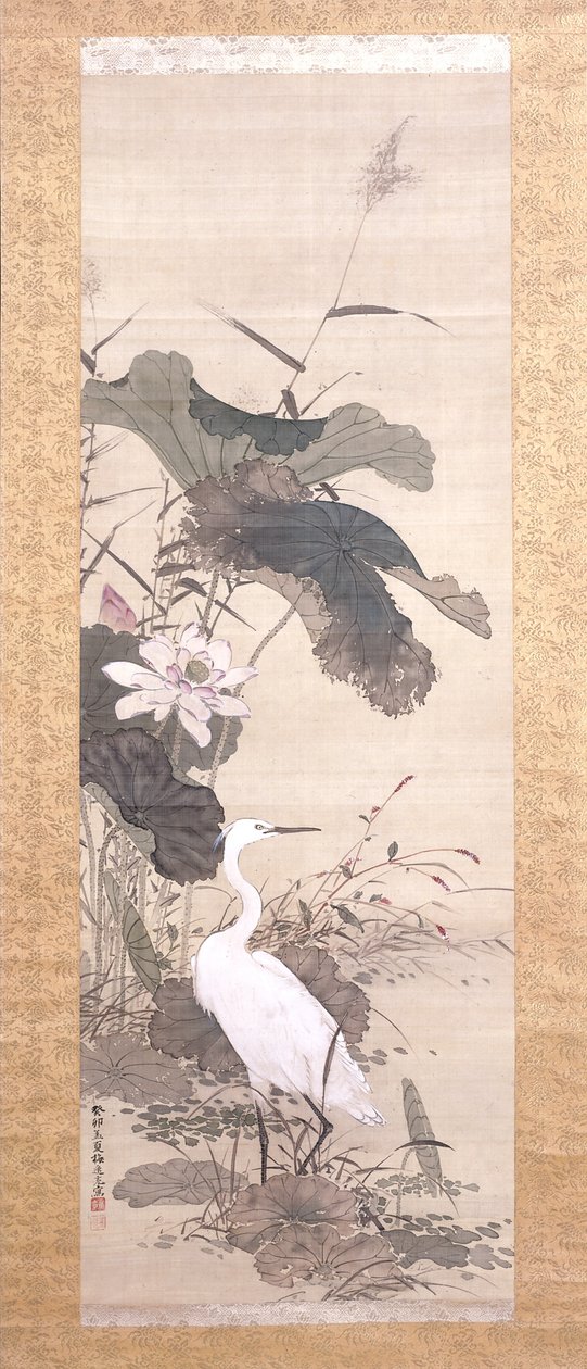 Lotus And Snowy Heron (blekk, farge, silke) av Yamamoto Baiitsu