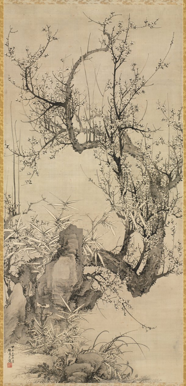 Plommer, bambus og orkide, 1834. av Yamamoto Baiitsu