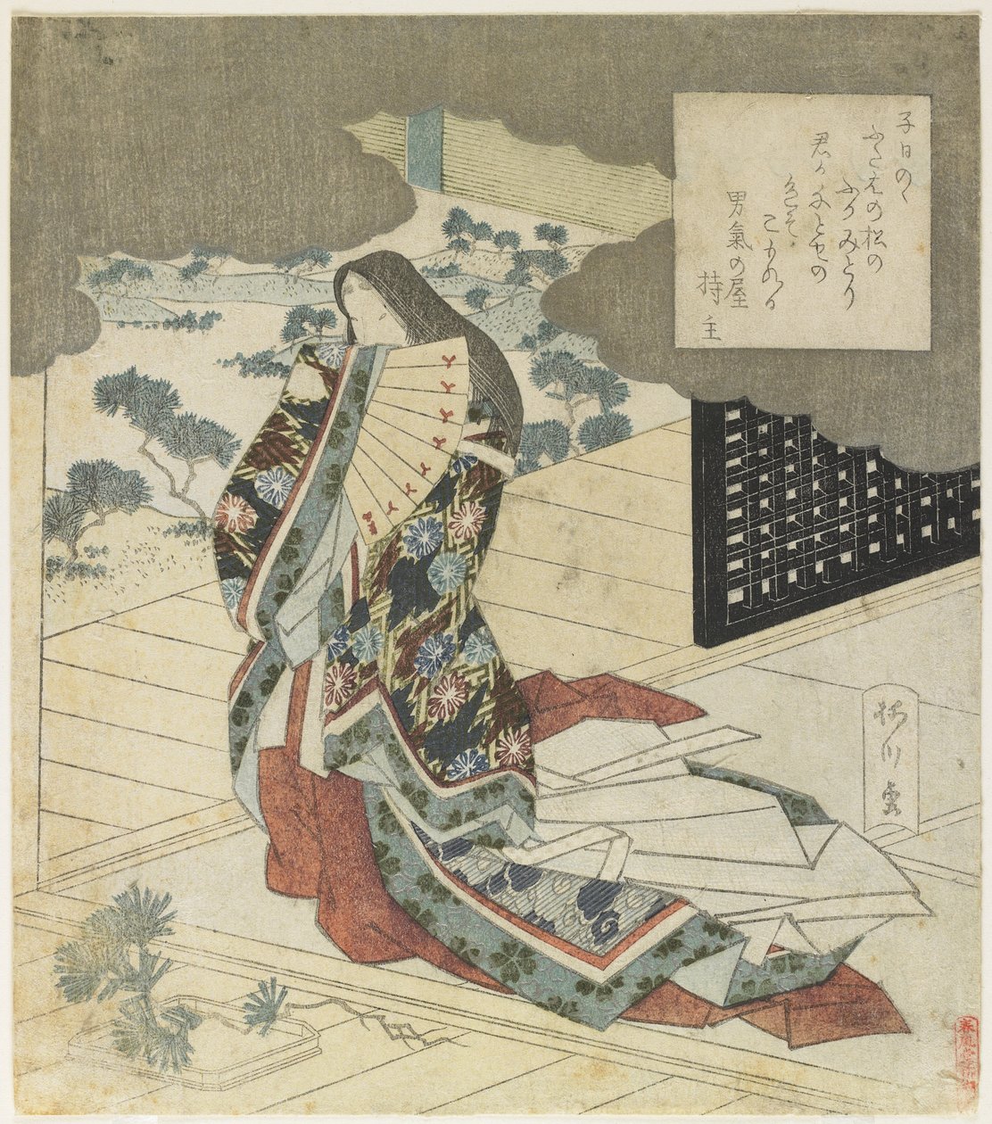 (hoffdame holder en vifte), ca. 1824 av Yanagawa Shigenobu