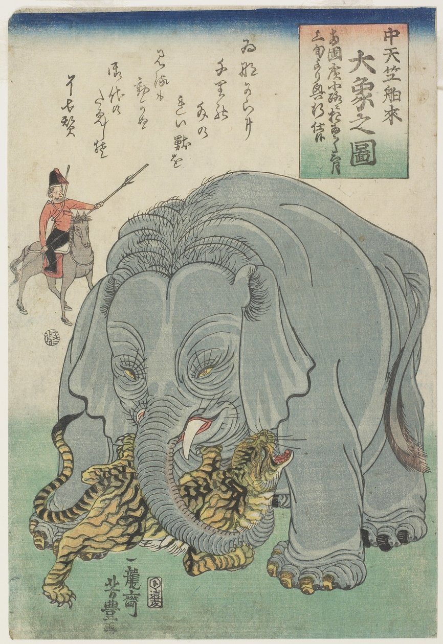 Elephant From India With Tiger, februar 1863 av Yoshitoyo