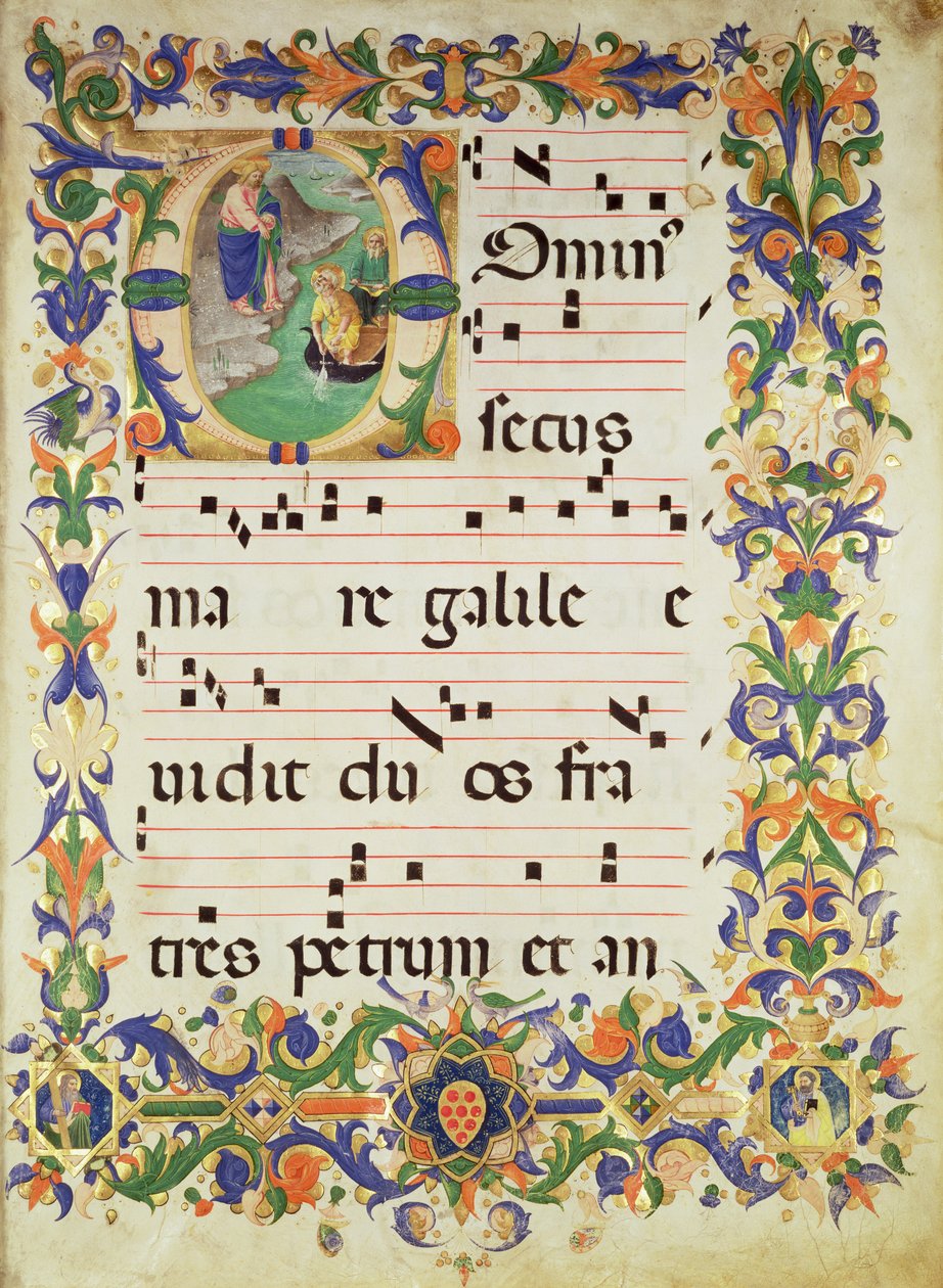 Missal 515 f.1r Side med kormusikk med en historisk initial 