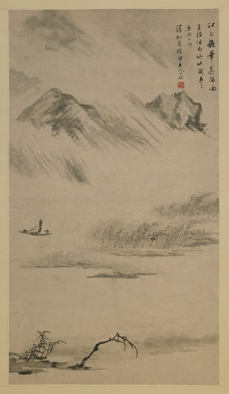 Elvelandskap i Rain, Anhui-provinsen, Kina, Qing-dynastiet, 1687 (blekk på papir) av Zha Shibiao