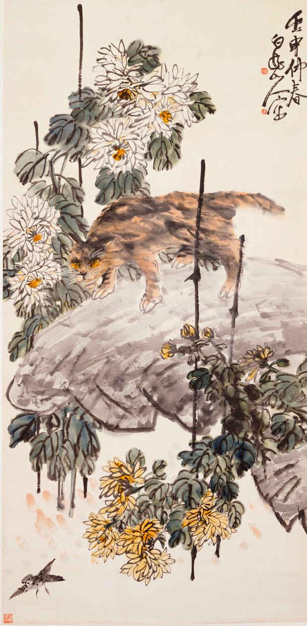 Katt, fugl og krysantemum av Zhen Wang